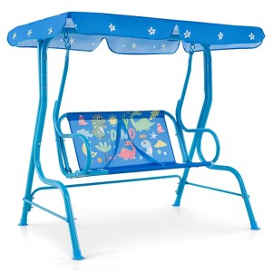 Costway 2-Seater Toddler Porch Swing Chair with Metal Stand Adjustable Canopy Safety Belts Blue/Pink/Yellow - 1 of 4