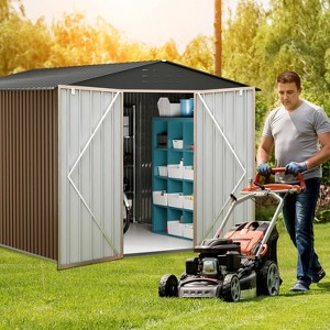 10 x 12 FT Outdoor Storage Shed, Large Garden Tool Metal Shed with Sloping Roof and Double Lockable Door for Backyard Garden Patio Lawn, Brown - 1 of 4