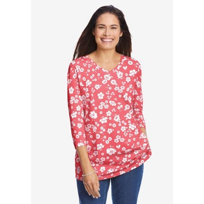 Woman Within Plus Size Perfect Printed Three-Quarter Sleeve V-Neck Tee