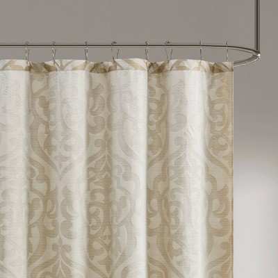 Tan and Ivory Damask Jacquard Fabric Shower Curtain