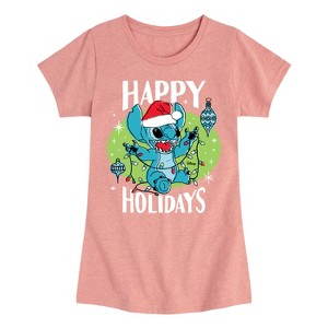 Girls' - Lilo and Stitch - Happy Holidays Christmas Fitted Short Sleeve Graphic T-Shirt - 1 of 4