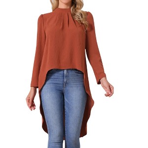INSPIRE CHIC Women's High Low Long Sleeve Back Keyhole Round Neck Asymmetrical Hem Dressy Casual Blouse - 1 of 4