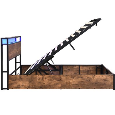 NicBex Lift-up Storage Bed Frame with Bookcase Headboard,LED Lights and Charging Station