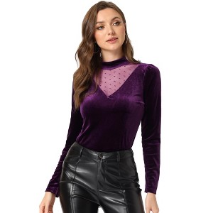 INSPIRE CHIC Women's Casual Velvet Long Sleeve Choker Neck Heart Dots Mesh Panel Top - 1 of 4