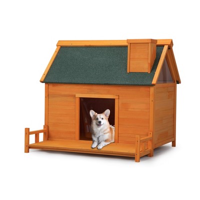 Sevobal Pet Crates and Houses, Pointed Roof Dog House with Porch, Lightweight House for Small or Medium Dogs, Orange, 38.6"*34.6"*34.8"