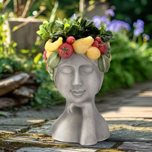 Decorative Polyresin Face Planter with Fruit Crown - Artistic Indoor/Outdoor Plant Pot - Gray - 18" Gray, Yellow, Red - 1 of 4