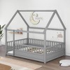 CAVINAS Twin Size Bed Frame, Wooden Bed with House Roof Frame for Children, Floor Platform Bed with Fence Guardrails - 2 of 4
