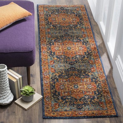 Blue and Orange Synthetic Reversible Runner Rug