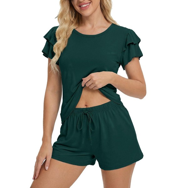 Conjunto de pijama para mujer de 2 piezas con mangas con volantes y shorts, ropa de dormir suave y linda para estar en casa con bolsillos 4