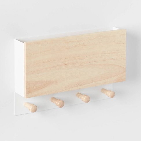 Mixed Material Mail Holder Matte White Hooks On Light Wood