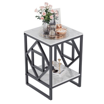 2-Tier Coffee Table White Sintered Stone Top Side Table with Open Storage