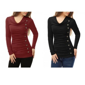 Allegra K Women's Cowl Neck Long Sleeves Buttons Decor Ruched Top 2 Pcs - 1 of 4