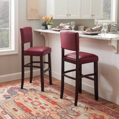Espresso Wood Bar Stool with Red Faux Leather Upholstery