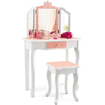 Tangkula Kid Vanity Set Wooden Makeup Table Stool Tri-Folding Mirror Snowflake Print