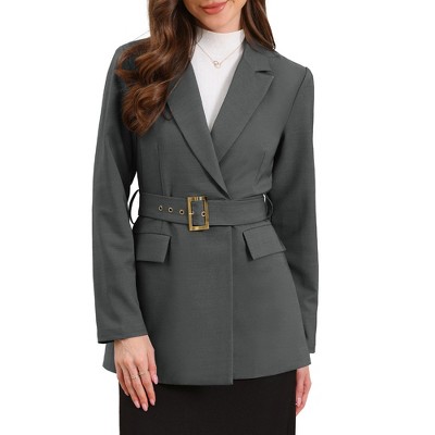 Allegra K Women Long Sleeve Collared Belted Business Casual Suit Jacket Blazer