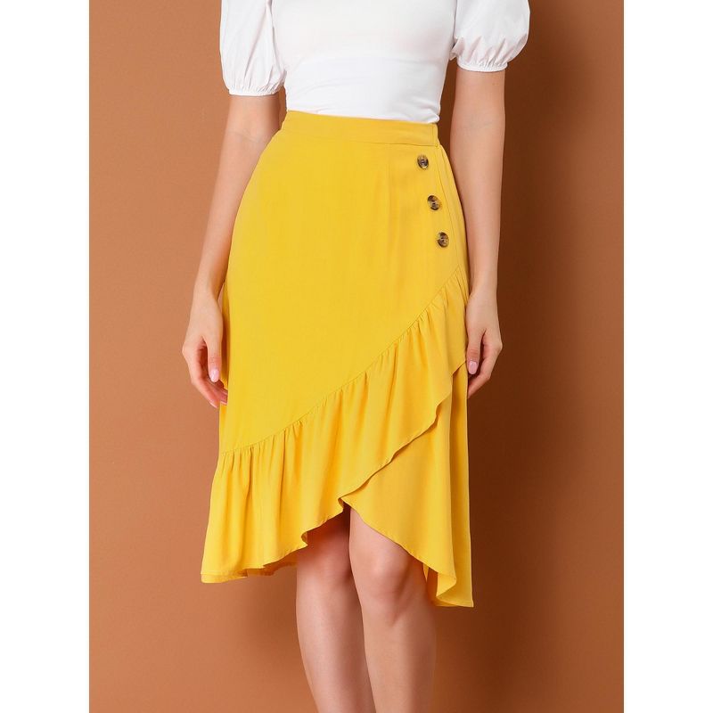 Allegra K Women's Button Decor High Waist Solid Color Asymmetrical Ruffle Skirt, 2 of 7