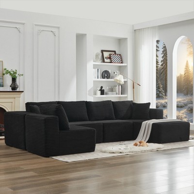 137.8" Corduroy Upholstery U-Shaped Cloud Modular Sectional Sofa with Right Chaise and Pillows, All-Foam Compression Design