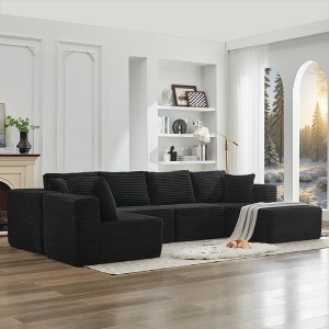 137.8" Corduroy Upholstery U-Shaped Cloud Modular Sectional Sofa with Right Chaise and Pillows, All-Foam Compression Design - 1 of 4