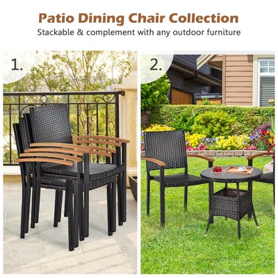 Black Wicker and Acacia Wood Stackable Outdoor Dining Chairs, Set of 4