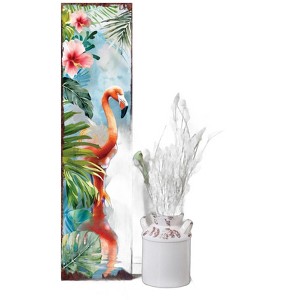 HomeRoots 36" Blue Pink And Green Solid Wood Watercolor Flamingo Porch Sign - 1 of 4