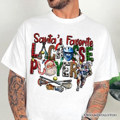 Santa’s Favorite Lacrosse Player Plaid Christmas T-Shirt, Sports Team Holiday Tee | OrnamentallyYou