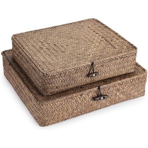 Itopfox Set of 2 Flat Woven Wicker Storage Bins with Lid, Natural Seagrass Basket for Home Organization, Shelf Organizer - 1 of 4