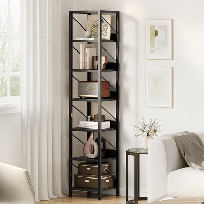 Garvee Narrow Bookshelf Tall Skinny Bookcase 6 Tier Storage Rack Rustic Corner Shelf Metal Frame Small Bookshelves Industrial Display Stand