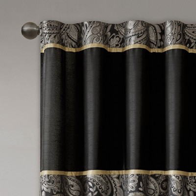 Black Faux Silk Jacquard Light-Filtering Curtain Panel Pair