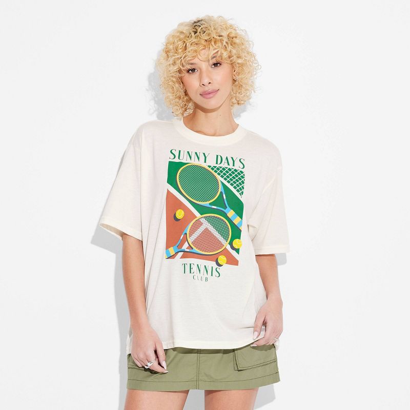 Women's Sunny Days Tennis Club Short Sleeve Graphic Boyfriend T-Shirt - Off-White, 1 of 4