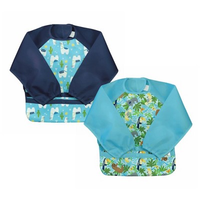 Image of Green Sprouts Snap & Go Easy-wear Long Sleeve Bib (2 pack)-Aqua Llamas & Aqua Sloth Jungle-2T-4T