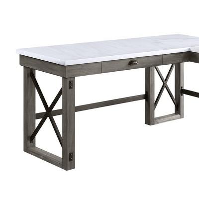 67" Weathered Gray Marble Top Corner Writing Desk with Drawer