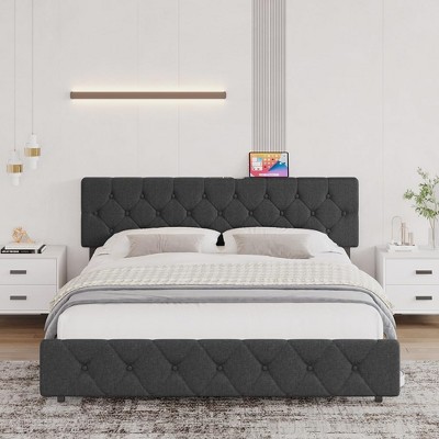 OLRIK Full Bed Frame with Charging Station Wooden Platform with Adjustable Headboard Noise Free, No Box Spring Needed, Easy Assembly,Light Grey