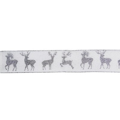 Northlight White and Silver Glitter Reindeer Christmas Wired Craft Ribbon 2.5" x 16 Yards