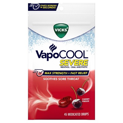 Vicks VapoCOOL Severe Sore Throat Drops, Cherry Freeze, 45ct