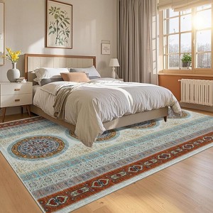 8x10 Orange Vintage Printed Living Room Rug, Large Washable Oriental Accent Carpet, Stain-Resistant Low Pile Non-Slip Mat for Dining Room, Bedroom - 1 of 4