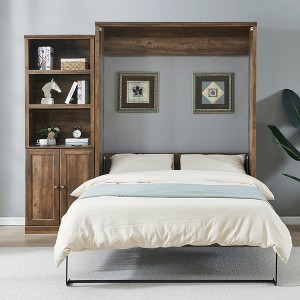 Queen Size Murphy Bed Wall Bed with Side Cabinet, Space-Saving Bed Perfect for Guest Room, Bed Room, Home Office, Rustic White/Brown -ModernLuxe - 1 of 4
