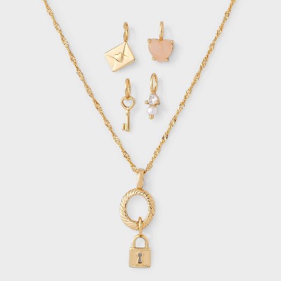 14K Gold Dipped Cubic Zirconia Lock Pendant Charm Necklace Set 5pc - A New Day™ Gold
