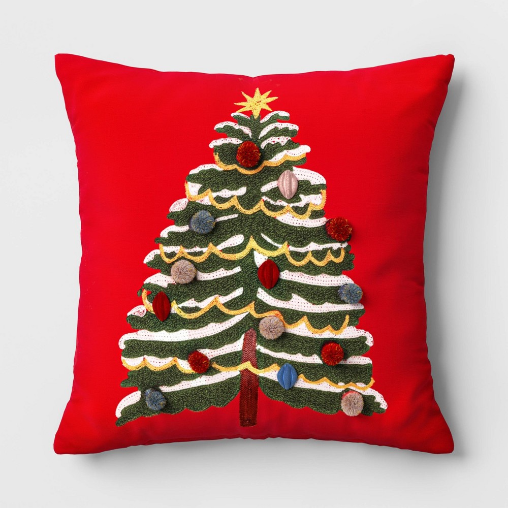 Christmas Tree Embroidered Square Throw Pillow Red - Threshold