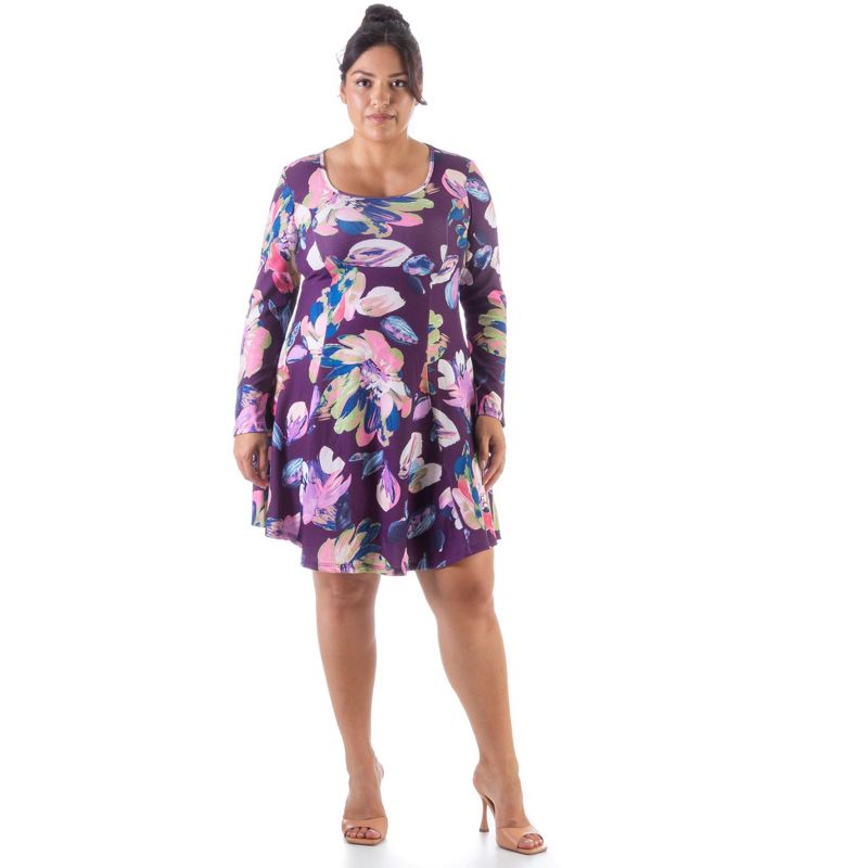 24seven Comfort Apparel Floral Purple Long Sleeve Plus Size Knee Length Dress, 1 of 5