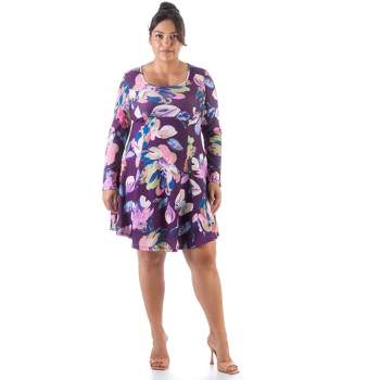 24seven Comfort Apparel Floral Purple Long Sleeve Plus Size Knee Length Dress