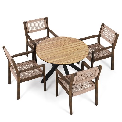 Christopher Knight Home Ned 5 Pieces Outdoor Acacia Wood and Metal Dining Set with Rope Weave Design