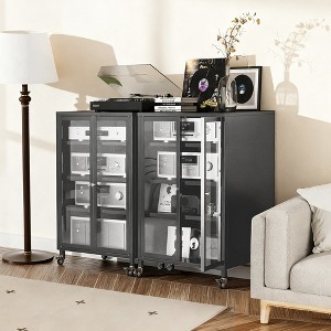 Yukimo - 35.8"H Metal Stereo Cabinet with Glass Double Doors & 4 Adjustable Shelves – Modern Industrial AV Media Storage, Black - 1 of 4