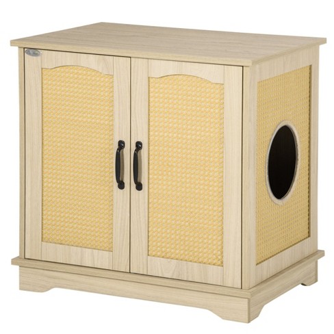 Pawhut Hidden Litter Box Enclosure Cat Washroom Furniture With Cushion Double Doors Wooden Pet House End Table Oak Target