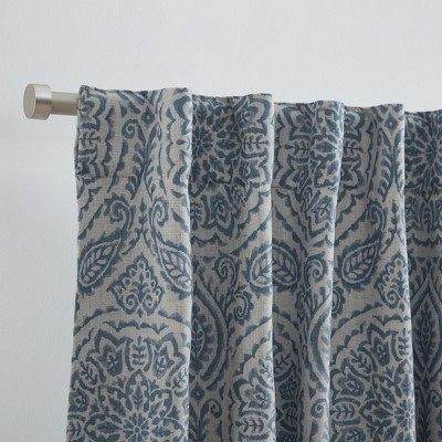 Blue Medallion Print Blackout Linen-Polyester Window Curtains