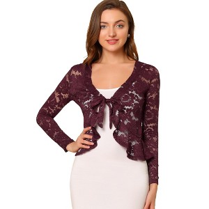 INSPIRE CHIC Women's Tie Front Ruffled Hem Floral Lace Sheer Crop Bolero Shrug - 1 of 4