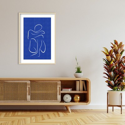 Svelte Natural Wood Framed Abstract Blue and White Print, 30 x 41