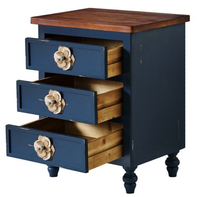 Lirago Blue Vintage Farmhouse End Table 24.8"H x 14.2"D x 18.9"W Rustic Nightstand with 3 Drawers Floral Knobs
