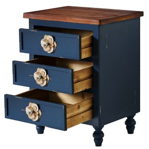 Lirago Blue Vintage Farmhouse End Table 24.8"H x 14.2"D x 18.9"W Rustic Nightstand with 3 Drawers Floral Knobs - 1 of 4
