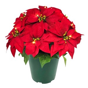 Puleo 19" Pre-Lit Battery-Operated Artificial Potted Red Poinsettias - 1 of 4