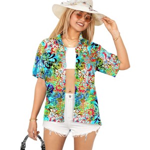 LA LEELA Hawaiian Shirts Womens Floral Summer Holiday Beach Party Blouses Shirt Blouse Short Sleeve Vacation Dress Tops Tee Shirts - 1 of 4